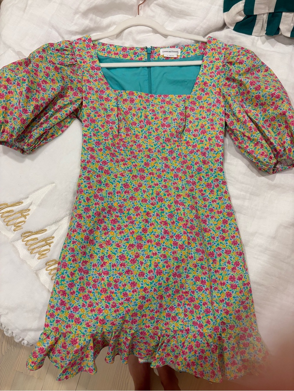 Lovers + Friends Turquoise Floral Mini Dress with Puff Sleeves